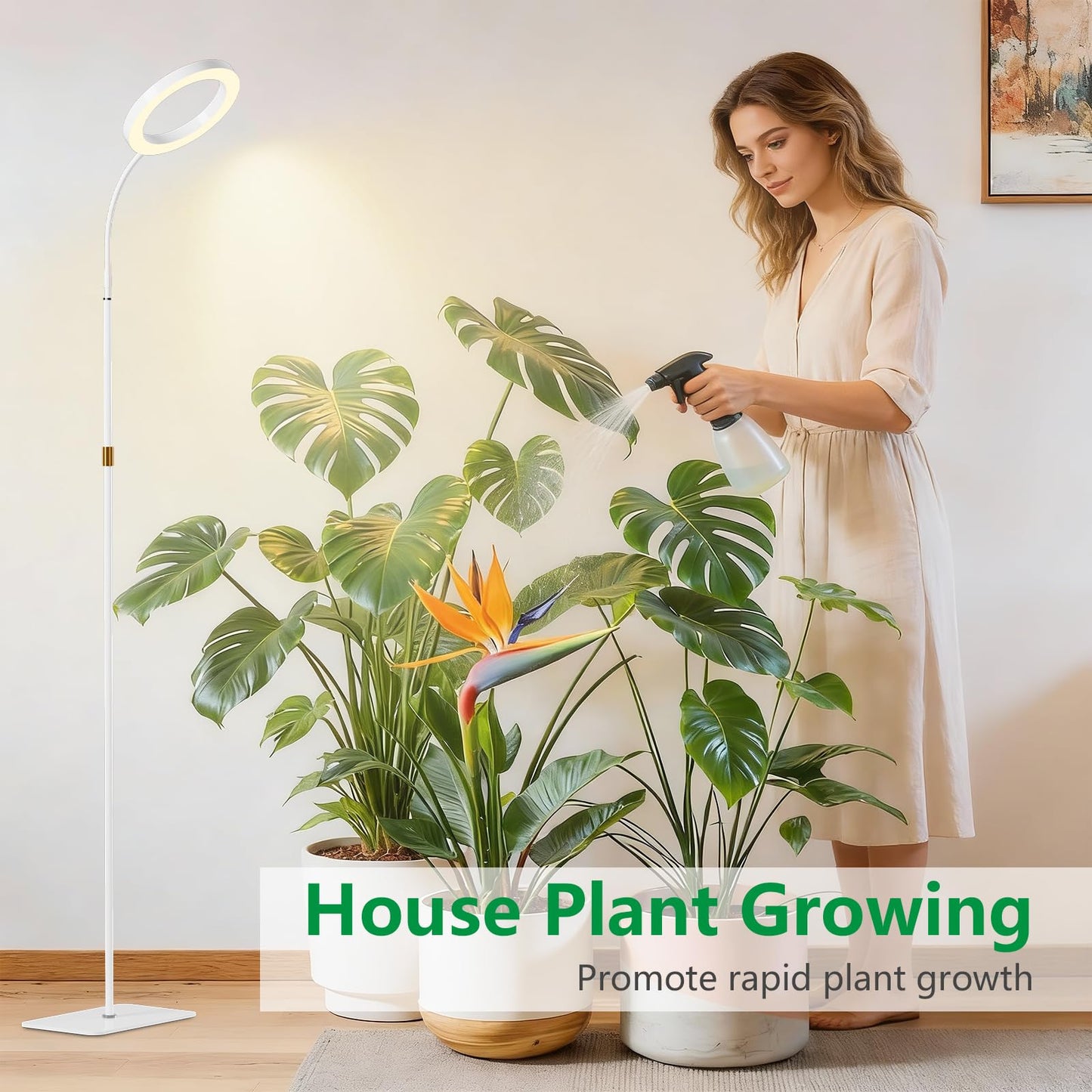 LPMZMBL One Head Grow Light for Indoor Plants Full Spectrum - Floor Standing Plant Lamp with Auto Timer 6/12/18H, 5-Level Dimmable & Adjustable Height 16.5-68in for Large Tall Plants | White