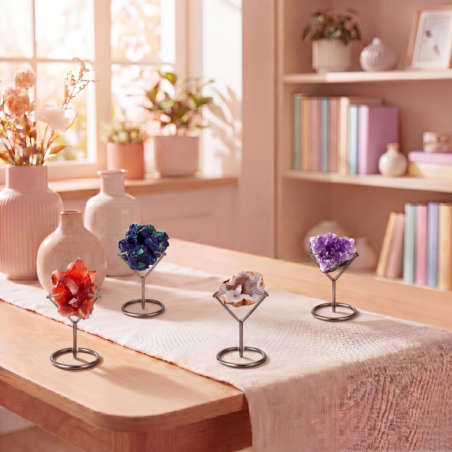 ElaraBerry 4 Pcs Rock Display Stand, Metal Black Crystal Display Holder Small Crystal Ball Holders for Small Gemstones Mineral Agate Home Office Decor