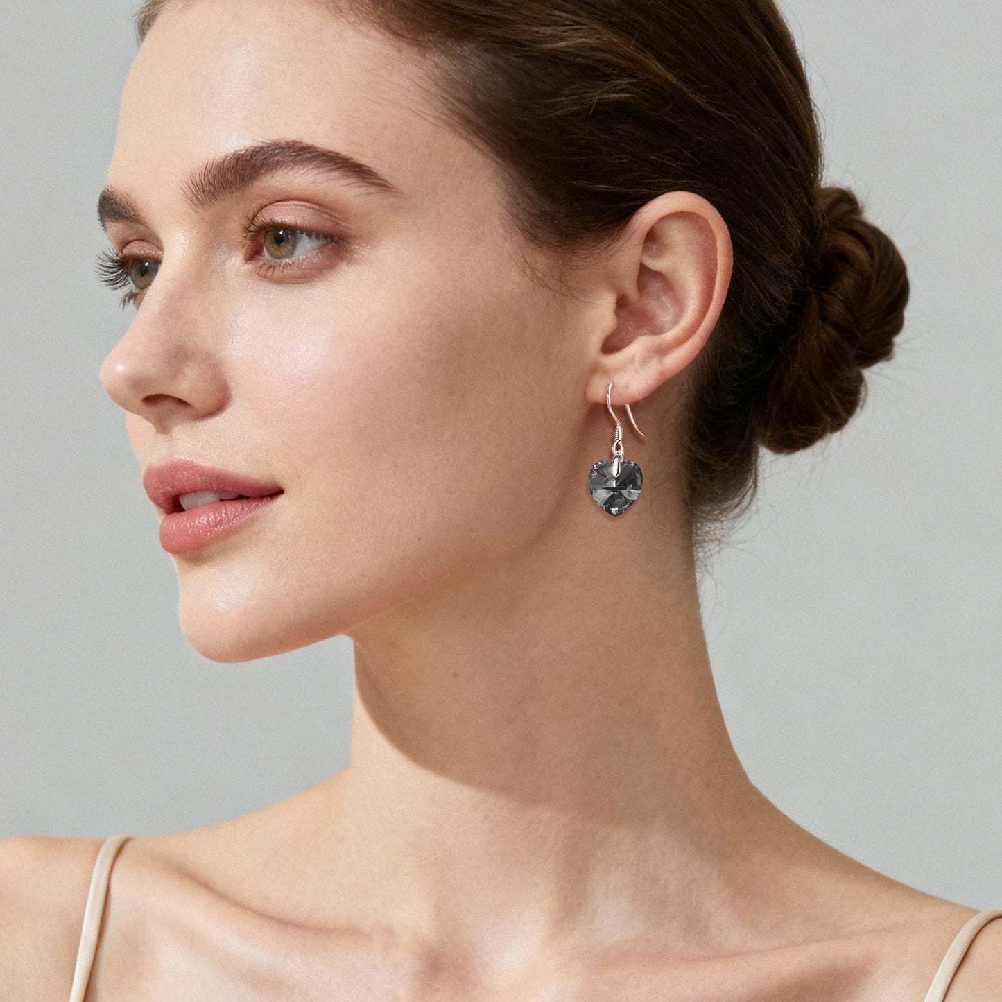 Austrian Crystal Heart Drop Dangle Earrings for Women 925 Sterling Silver Hook Hypoallergenic Earring (Grey-Black)