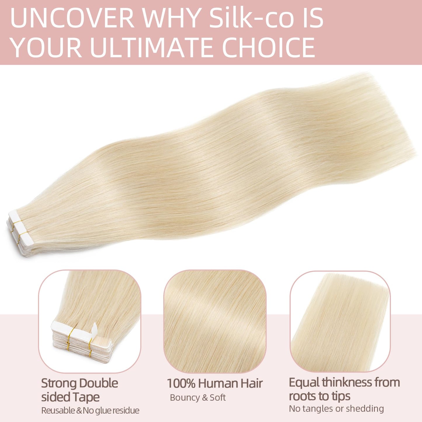 Silk-co 12"-24" Tape in Hair Extensions 100% Real Remy Straight Human Hair Extension 10Pcs Straight Skin Weft Seamless (12inch #60 Platinum Blonde)