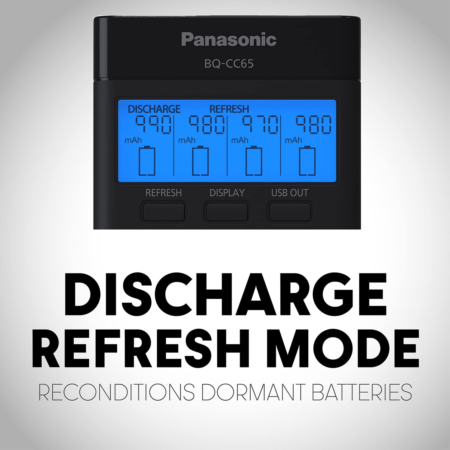 Panasonic BQ-CC65AKBBA Super Advanced eneloop pro and eneloop 4-Position Quick Charger with LCD Indicator Panel and USB Charging Port, Black
