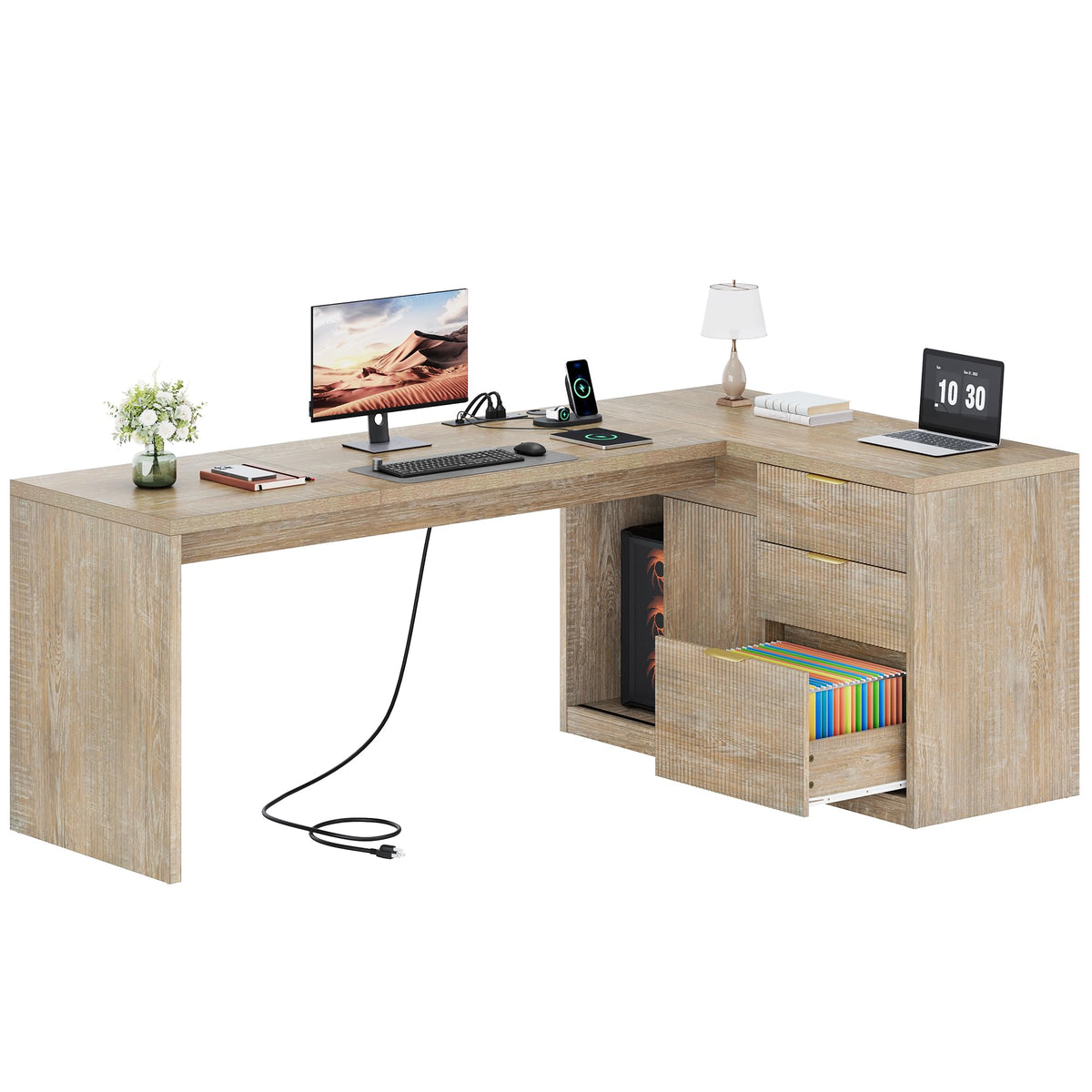Homiflex 78 Inch L Shaped Office Desk with Drawers Fluted L Shape Computer Desk Executive Office Desk with File Cabinet Storage Shelves and Power Outlets Sturdy Writing Workstation Natural Oak