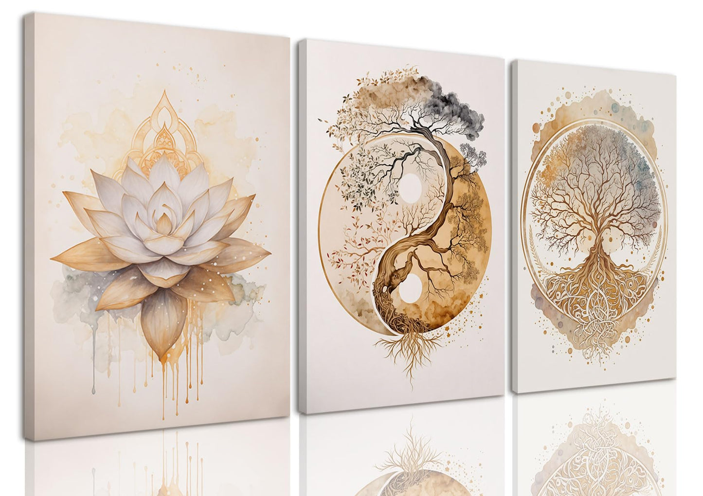 AOYUSMO 3 Piece 3 Piece Tree of Life Wall Art Zen Wall Decor Yoga Room Canvas Art Modern Gold Lotus Flower Pictures Spiritual Meditation Paintings Spa Artwork For Living Room Bathroom