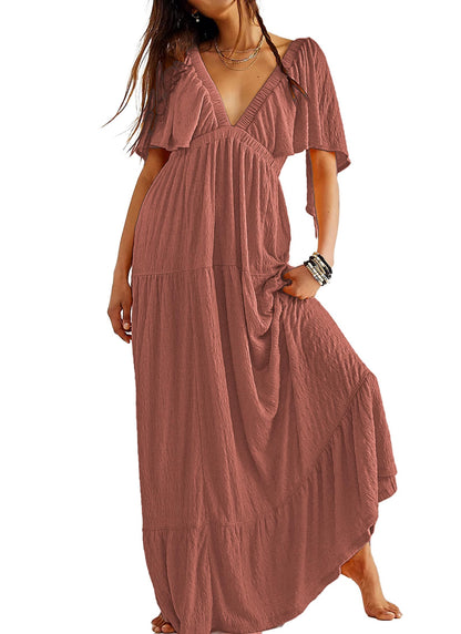 Kikibell Women Summer Dresses Sexy V-Neck Maxi Dress Tiered Silhouette with Flutter Sleeve Backless Elastic Waist Flowy Dress