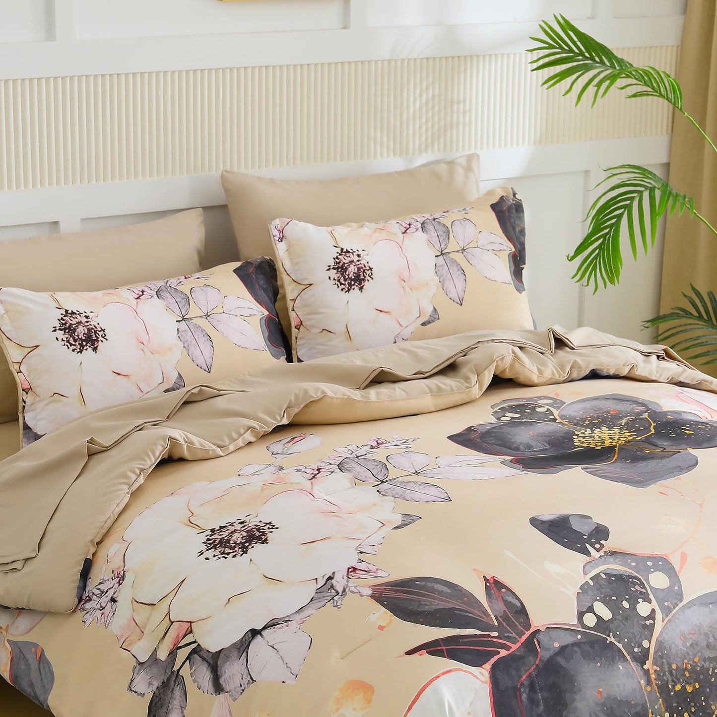 Yogeneg Queen Comforter Set 7 Piece Bed in a Bag,White Black Floral Botanical Pattern Khaki Bedding Set,Soft Microfiber Comforter with Sheet Set,All Season Bed Set(Khaki,Queen)