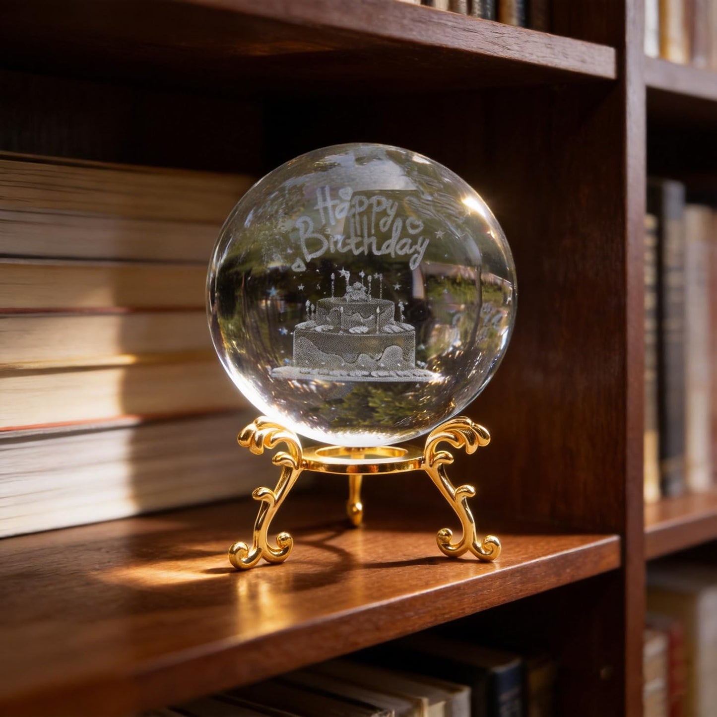 YINBEILIXU Crystal Ball with Metal Stand,3D Glass Ball Sphere, Crystal Figurine Clear Ball for Home Decoration, Party,Birthday,Anniversary,Wedding Decor, Gift,Photography (90mm, Cake)