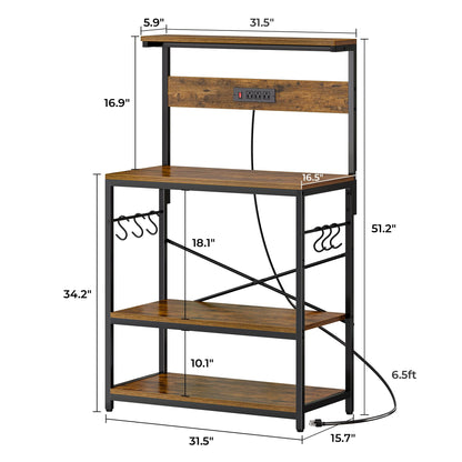 SUPERJARE Kitchen Bakers Rack with Power Outlet, Coffee Bar Table 4 Tiers, Kitchen Microwave Stand with 6 S-shaped Hooks, Storage Shelf Rack for Spices, Pots and Pans - Rustic Brown