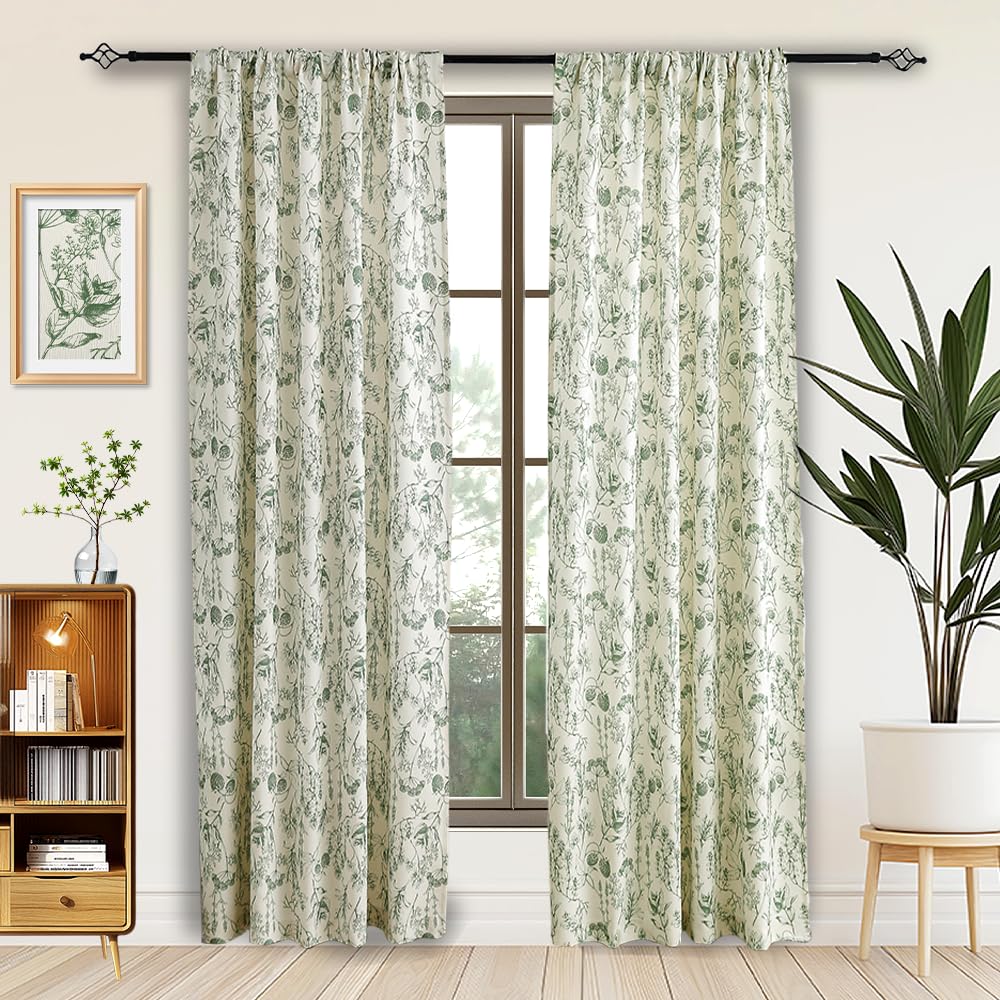 Autum Dream Blackout Curtains 2 Panels Chenille Curtains Drapes for Bedroom Back Tab Rod Pocket Poppy Floral Farmhouse Curtains for Living Room, Patio Doors,Green Floral, 52" W x 96" L