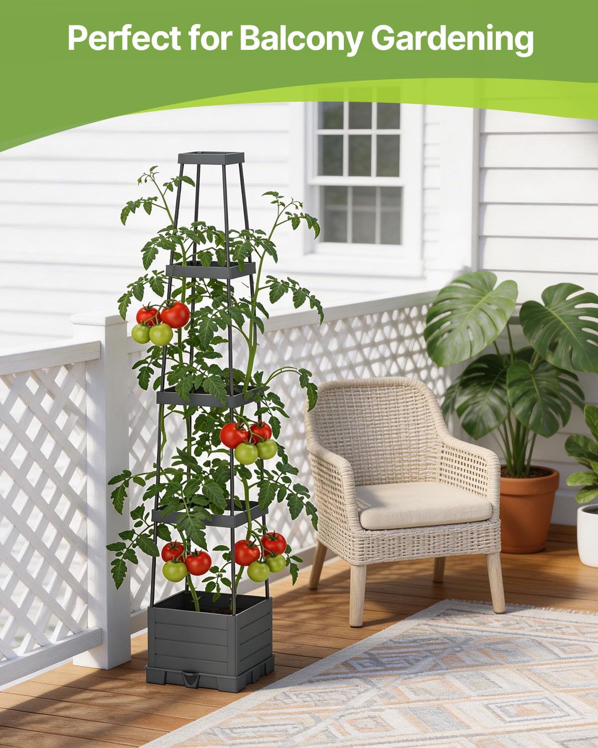 Suteck 1-Pack Raised Garden Bed Planter Box with Trellis, Self-Watering Tomato Planter with Adjustable Height Steel Support Frame for Climbing Plants, Tomato Cages for Patio, Balcony & Outdoor
