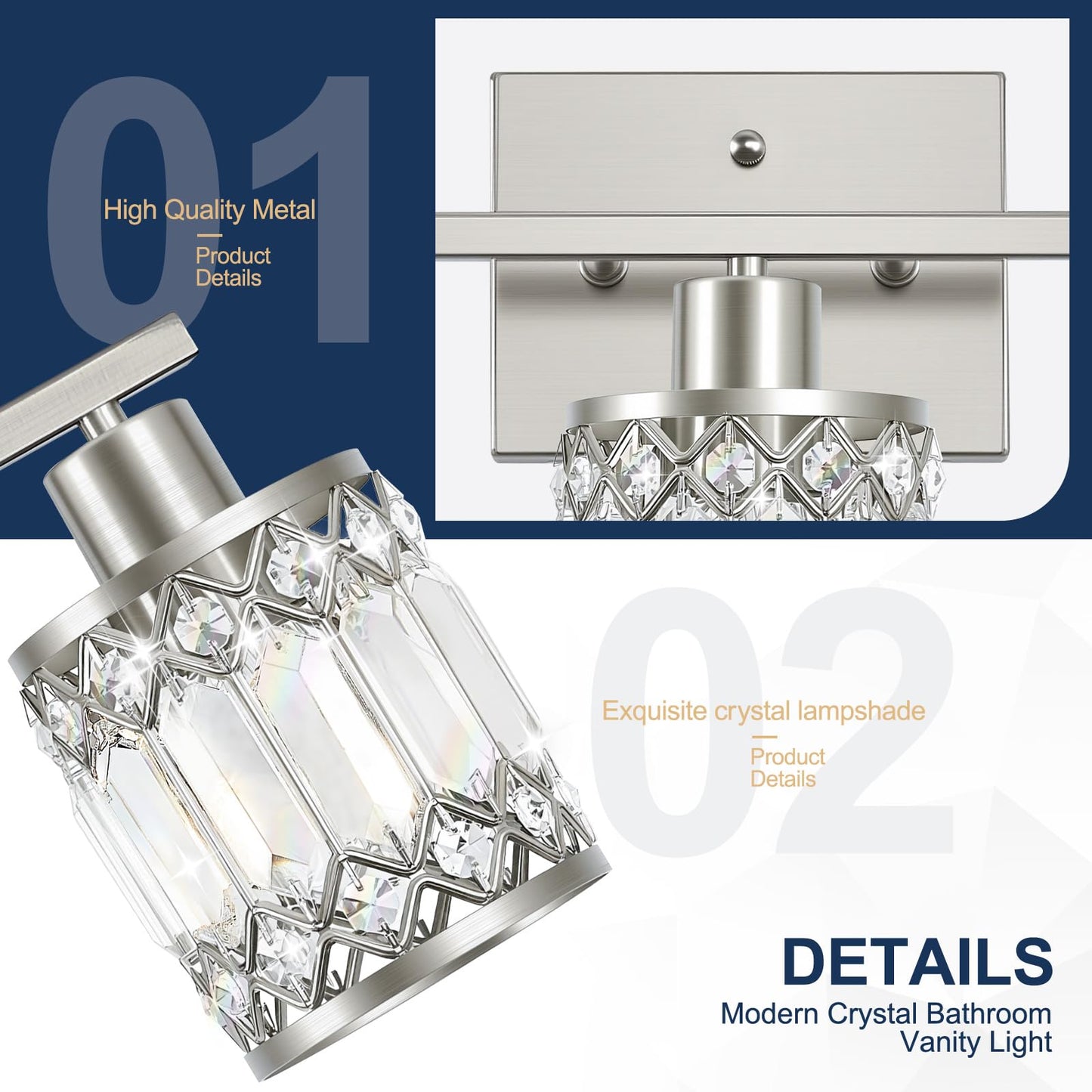 JZEKVN Crystal Modern Bathroom Light Fixtures, 4-Light Brushed Nickel Bathroom Vanity Wall Light, Vanity Lights for Mirror, Restroom, Bedroom (E26 Socket, Bulbs Not Included)