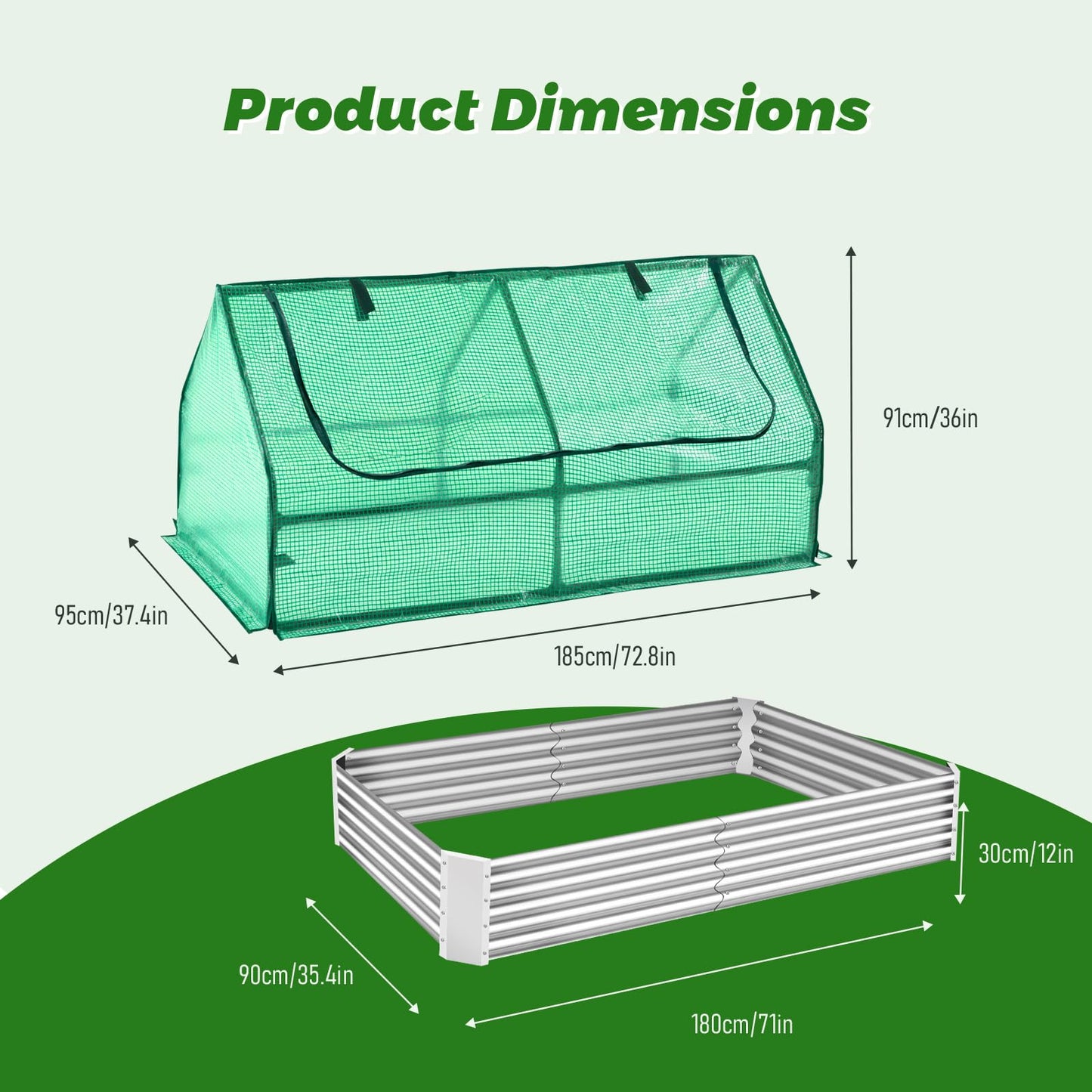 6 x 3 x 3 ft Galvanized Steel Raised Garden Bed, 2 Large Zipper Mesh Screen Windows Mini Greenhouse Outdoor, Bottomless Garden Bed with Greenhouse, Beds for Gardening, Flowers, Herbs, Vegetables