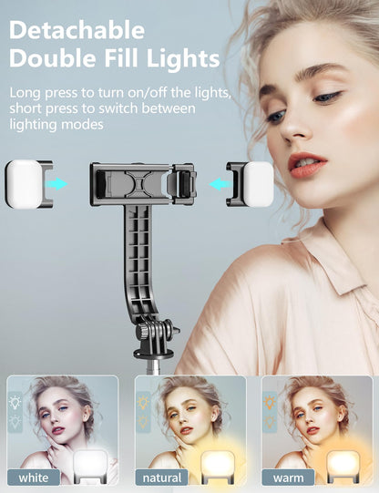 Selfie Stick Tripod with 2 Fill Lights, 45'' Extra Long Phone Tripod with Detachable Remote, Compatible with iPhone, Samsung, Smartphones