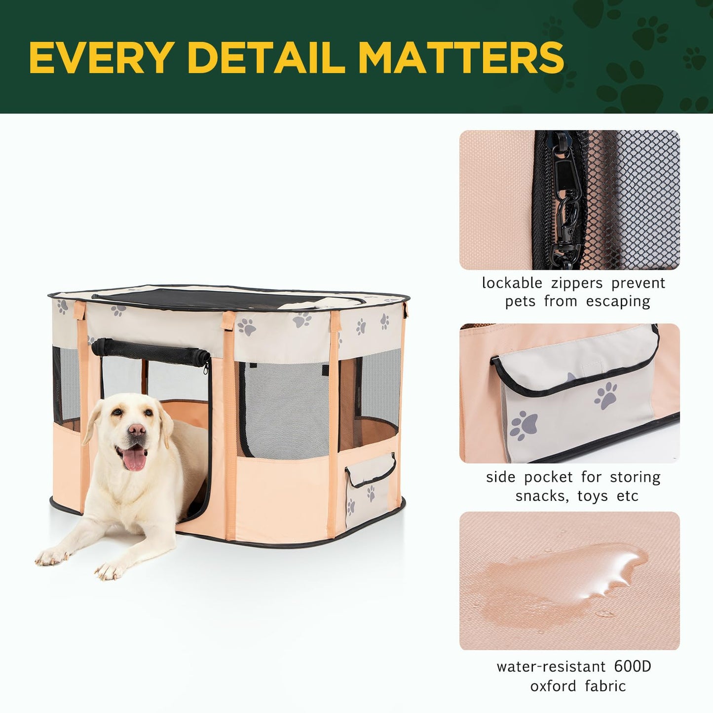 Avont Portable Dog Cat Playpen, Foldable Pop Up Pet Play Pen Travel Crate with Floor and Mesh Door Top for Indoor Outdoor Collapsible Tent Cage -M, Orange