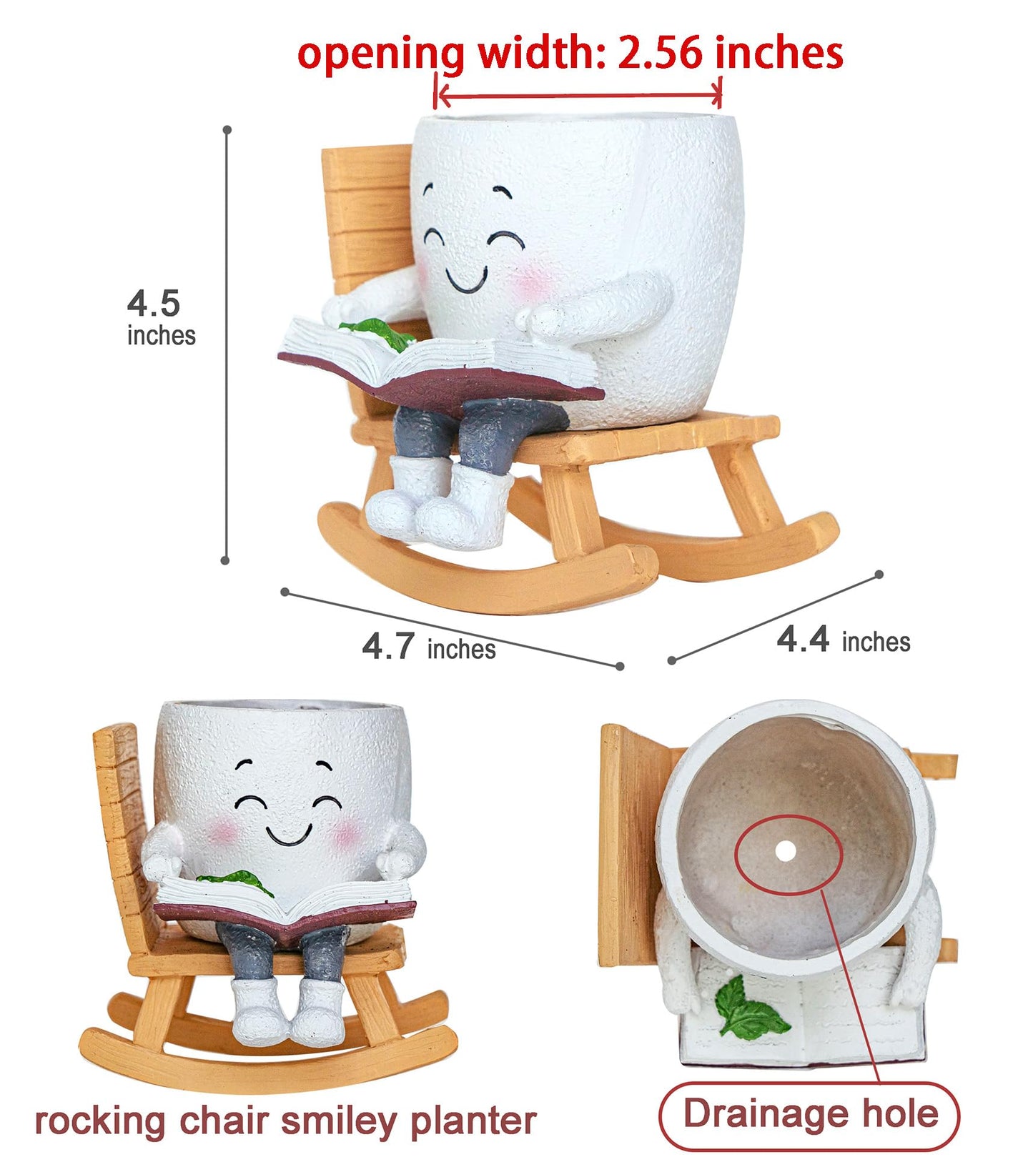 RZOIKZOI Rocking Chair Smiley Face Planter with Drainage Hole, Cute Plant Pots for Indoor Outdoor Plants,Unique Flower Pot for Succulents, Gift for Mother's Day, Birthday, Christmas(White)
