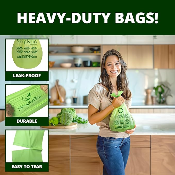 Simply Bio 1.6 Gallon Compostable Trash Bags Liners Handle, Heavy Duty Extra