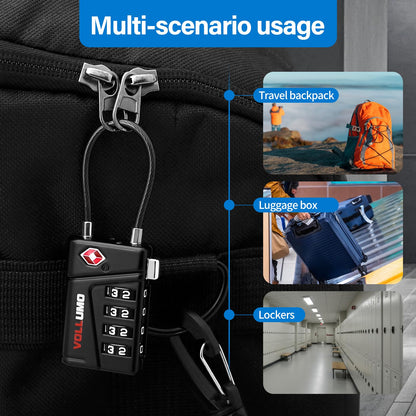 Vollumo TSA Approved Luggage Lock, 4-Digit Combination Cable Lock, Heavy Duty Travel Suitcase Lock with Flexible Steel Cable, for Backpack, Locker, Bag(Black（2-Pack）)