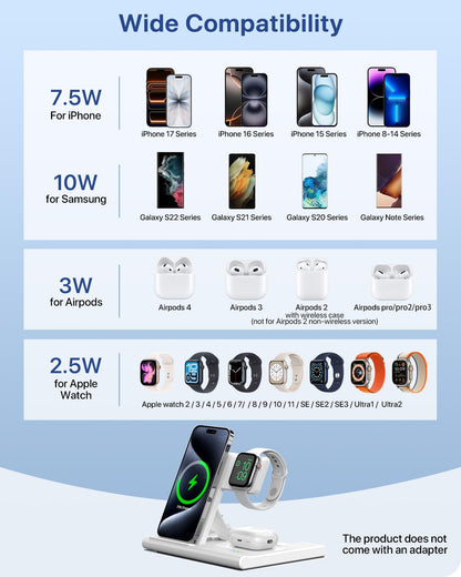 Wireless Charger,Foldable 3 in 1 Wireless Charger Stand for Apple Watch,Airpods Pro/3/2,Fast Wireless Charging Station for iPhone 17/Air/16/15/14/13/12/11/XS/XR/X/8（No Plug Included)