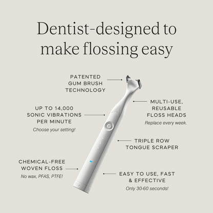 Slate Electric Flosser - Starter Set | 3-in-1 Dentist-Invented with Reusable Floss Heads, Gum Brushes & Tongue Scraper | More Effective Than String or Water Floss
