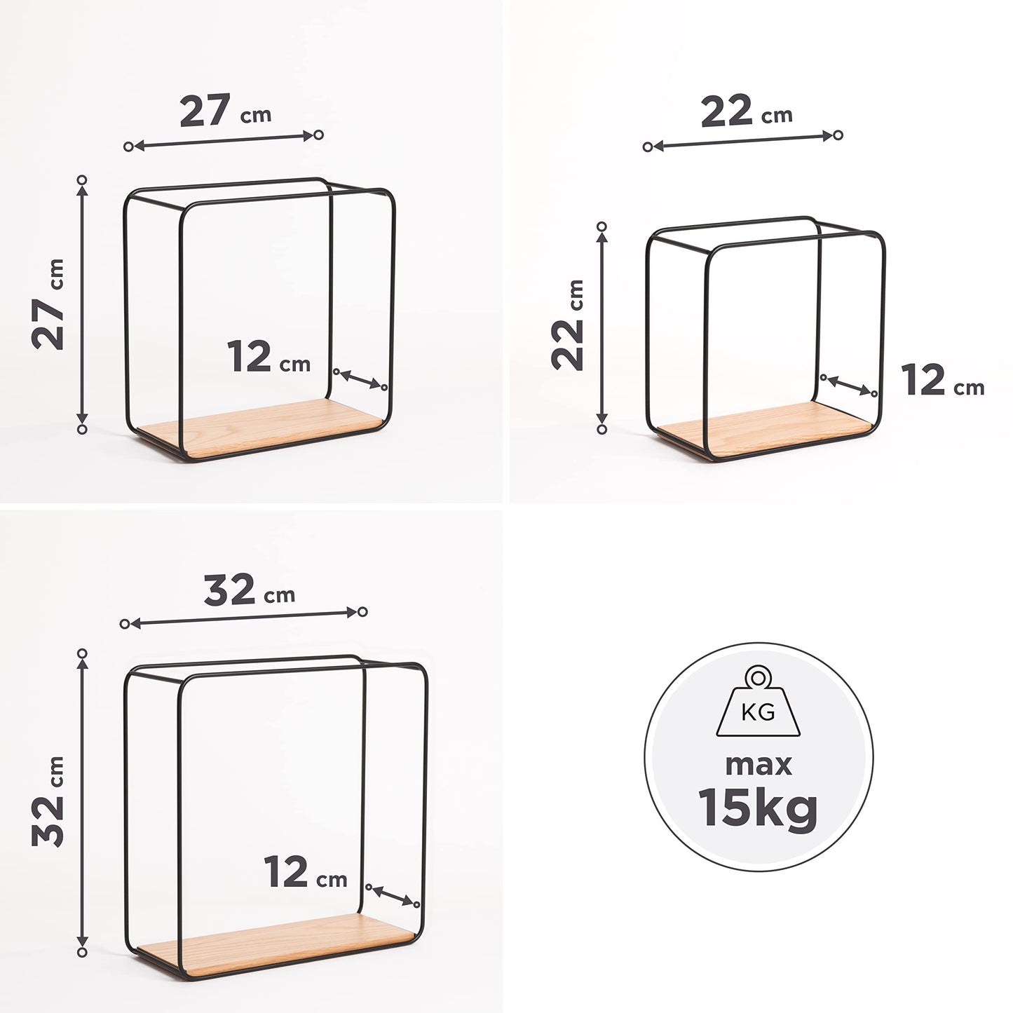 Kazai. Wall Shelves -Jona- | 3-Part Shelving Unit made of Metal and Real Wood Veneer | Wall Decor, Storage and Book Shelf for Bathroom, Living Room, Kitchen, Bedroom and More | Oak