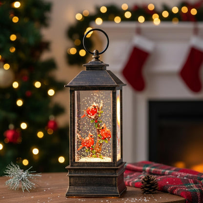 Christmas Snow Globe Lantern Water Glittering 10'' Cardinal with Music & Timer, USB Lined/Battery Operated Lighted Lantern for Christmas Festival Decoration Gifts