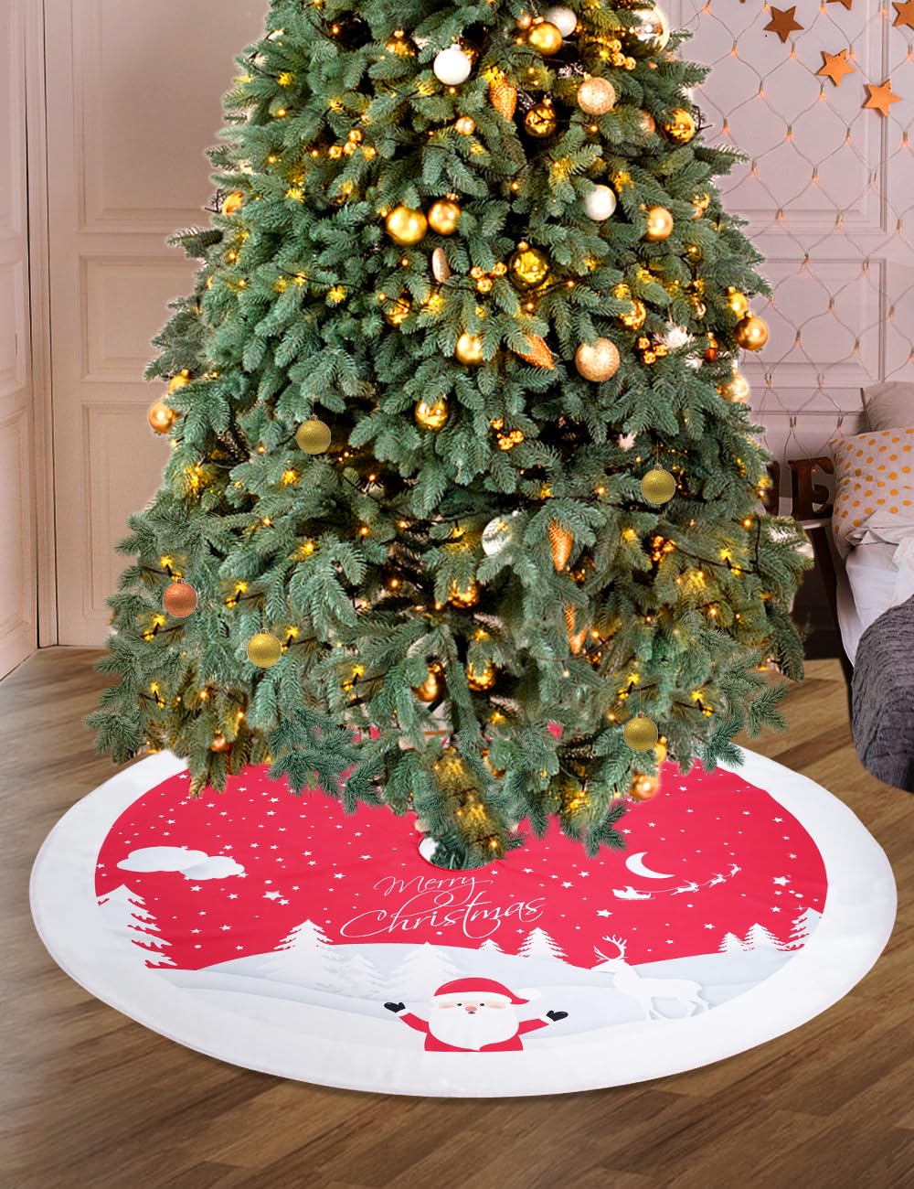 Multiwins Christmas Tree Skirt 48 inches, Red Tree Skirt Ornaments Soft Plush Christmas Tree Mat with Cute Santa Claus White Reindeer Christmas Tree Skirts for Holiday Party Indoor Outdoor