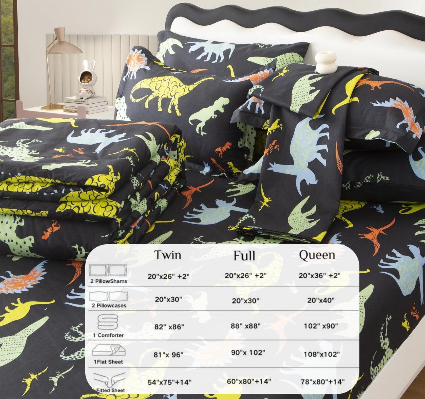 SDY 7PCS Twin Dinosaur Bedding Set，Soft Dino Bedding for Kids,Boys and Girls with Dinosaur 1Comforter 1FittedSheet 1FlatSheet 2Pillowcases 2PillowShams