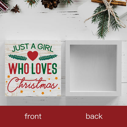 Rustic Just A Girl Who Loves Christmas Tree Wood Box Sign, Farmhouse Christmas Santa Artwork Decor, Wood Square Sign Desk Block Signs Home Shelf Office Decoration 5 x 5 Inches