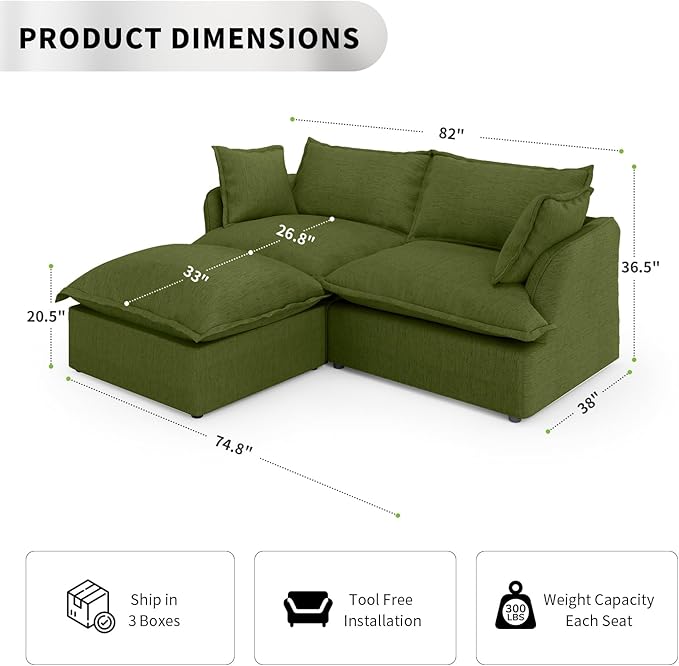 2 Seat with Ottoman L Shape Modular Sectional Couch Sofa