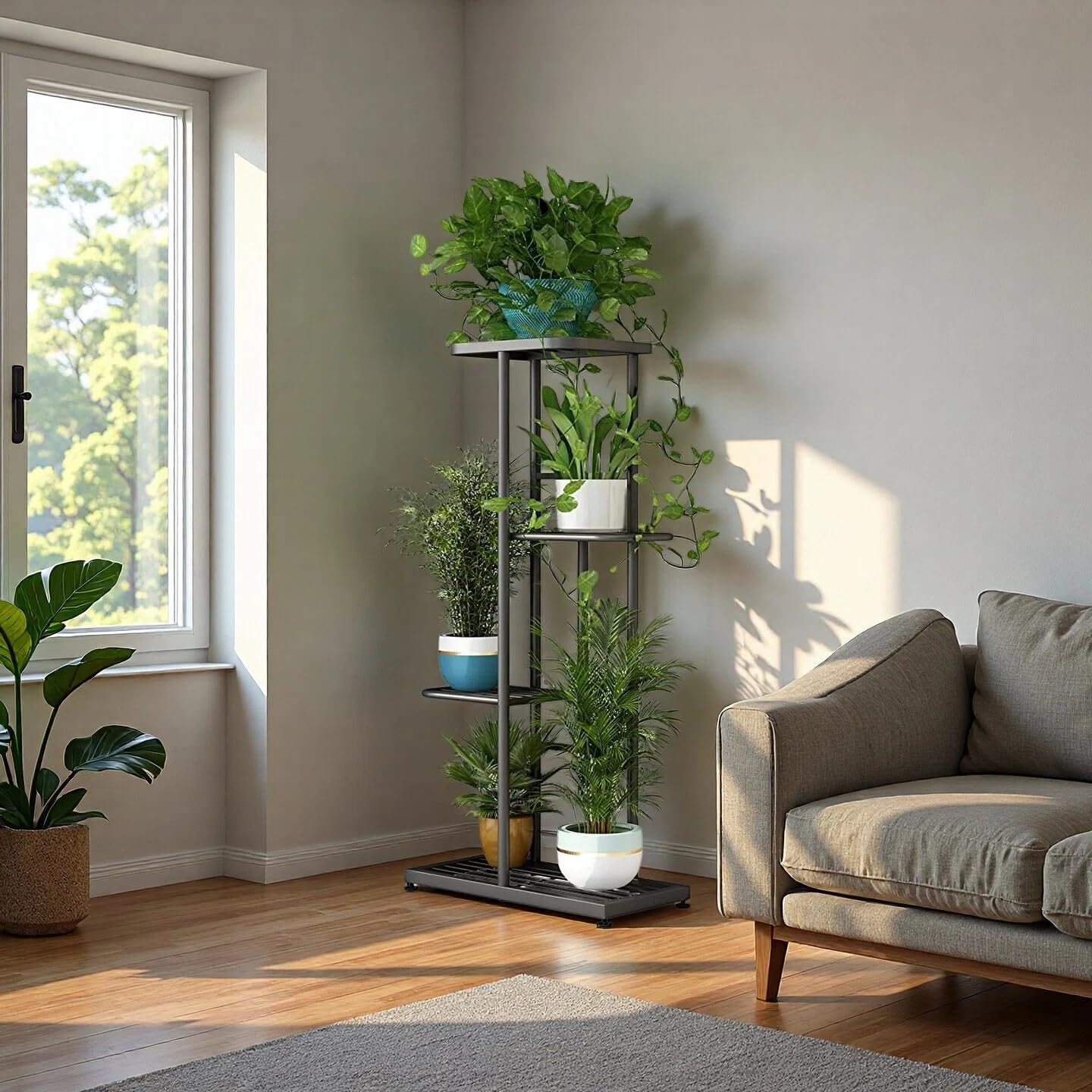 LINZINAR Plant Stand Indoor Outdoor Corner 4 Tier Metal Plant Shelf Patio Plant Rack for Garden Corner Balcony Living Room