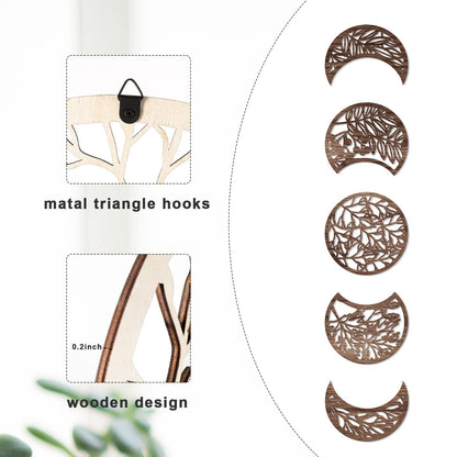 Jetec 5 Pcs Moon Phase Wall Art Decor Wall Pediments Hanging Wooden Phase Spiritual Bedroom Nordic Boho Lunar Aesthetic Art for Living Room Dorm Apartment Ornament(Brown,10.6 Inch,Botanical)