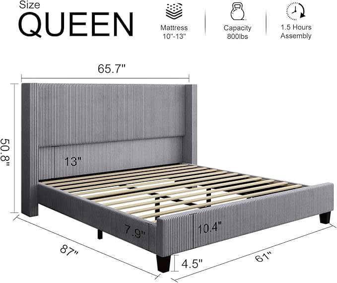 HOWE Queen Size Bed Frame with 50.8" Tall Wingback Headboard, Modern Corduroy