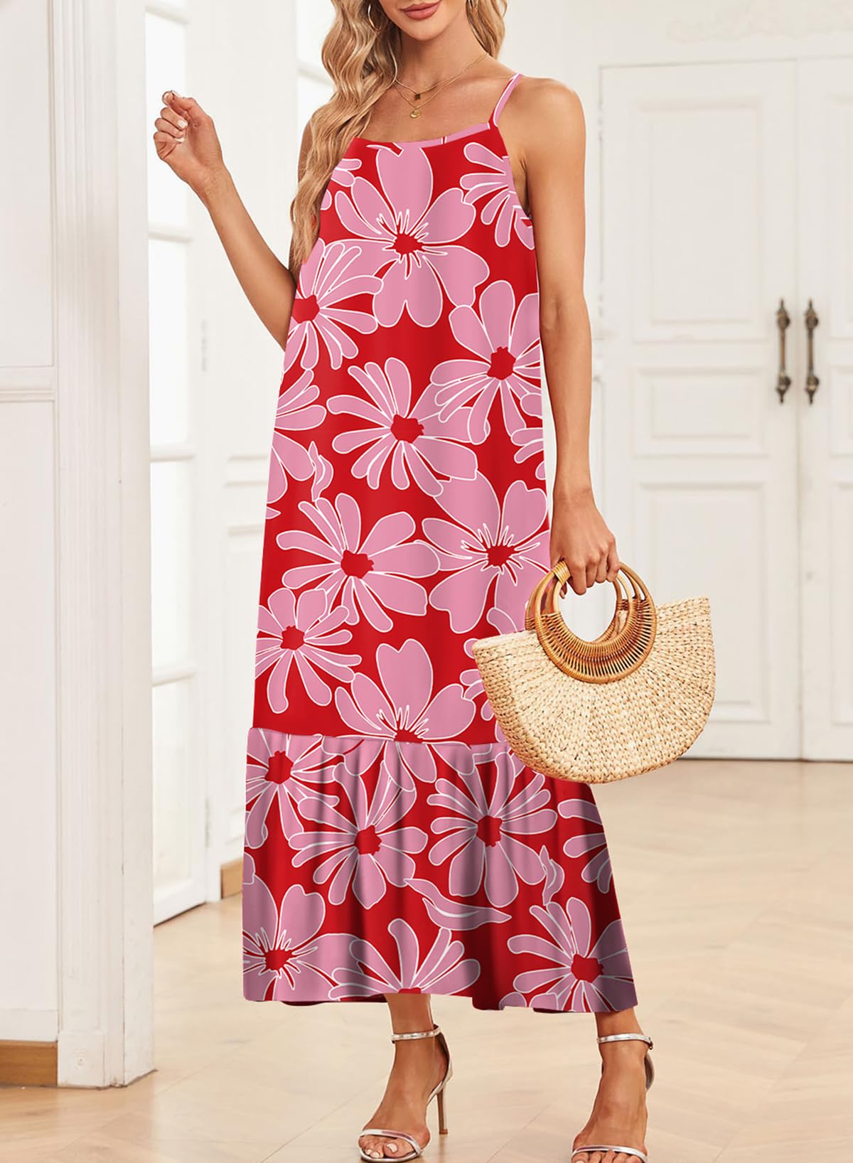 Dokotoo Women Summer Dresses 2025 Spaghetti Strap Scoop Neck Smocked Ruffle Flowy Boho Maxi Dress