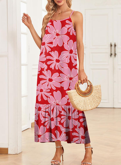 Dokotoo Women Summer Dresses 2025 Spaghetti Strap Scoop Neck Smocked Ruffle Flowy Boho Maxi Dress