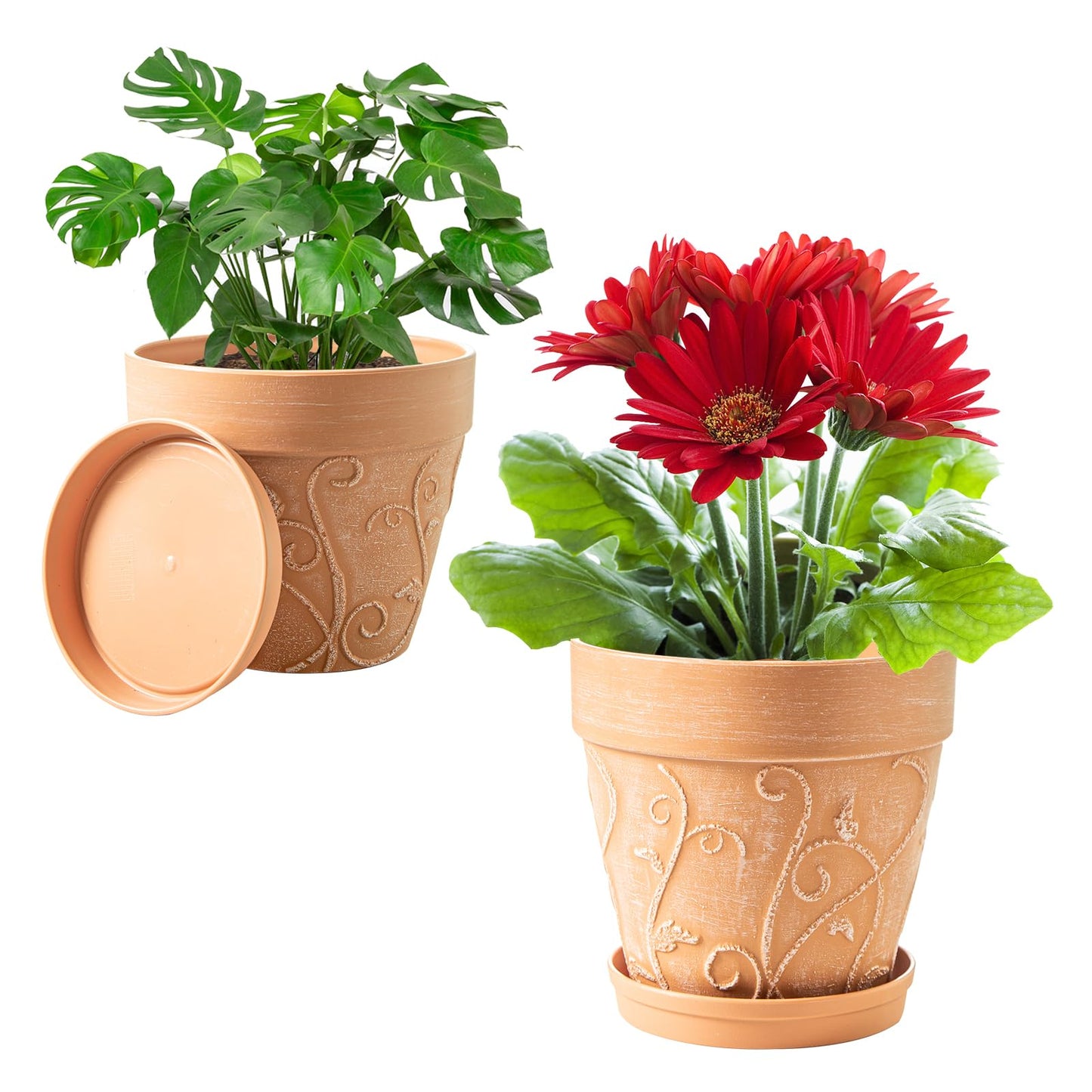 Melphoe Plant Pots Indoor with Drainage & Saucer, 2Pack 7/8 inch Flower Pots Outdoor Planters for Indoor Plants Garden Home Decor Cactus Succulent, Rigid Plastic (Imitation-Terracotta) Vine-Embossed
