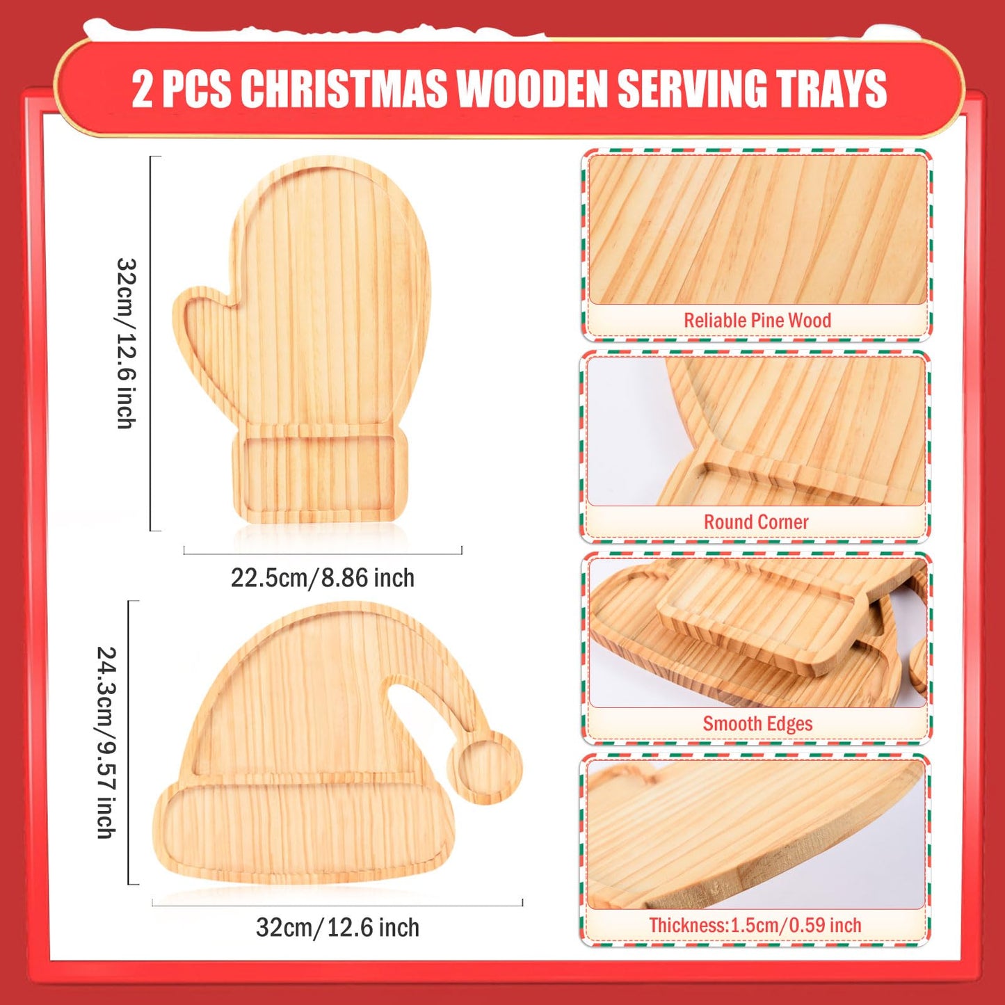 FOBSME 2 Pcs Christmas Serving Trays Santa Hat and Winter Mitten Shape Charcuterie Boards Decorative Wooden Serving Platter Pine Wood Snack Dish Plates for Xmas Holiday Housewarming Present,12.6 Inch