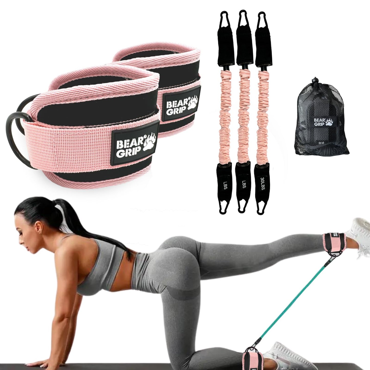 BEAR GRIP Resistance Bands with Ankle Straps – Glute & Leg Workout Equipment, Booty Bands for Women, Exercise Band for Kickbacks, Hip Thrusts & Home Gym Fitness Equipment (Pink, Cables)