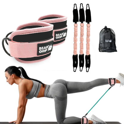 BEAR GRIP Resistance Bands with Ankle Straps – Glute & Leg Workout Equipment, Booty Bands for Women, Exercise Band for Kickbacks, Hip Thrusts & Home Gym Fitness Equipment (Pink, Cables)