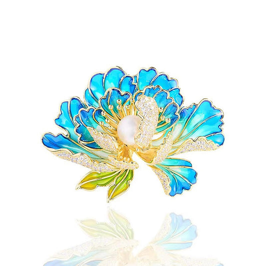 Dainty Flower Brooch Pins for Women Graceful Cubic Zircon Peony Pearl Enamel Badges Lapel Pins Trendy Banquet Prom Dress Jewelry Accessories Gift (Blue)