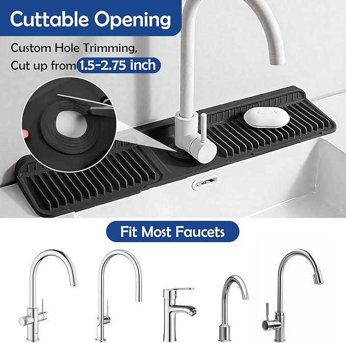 24"Longer Silicone Faucet Mat For Kitchen Sink Splash Guard -7° Slope Snap