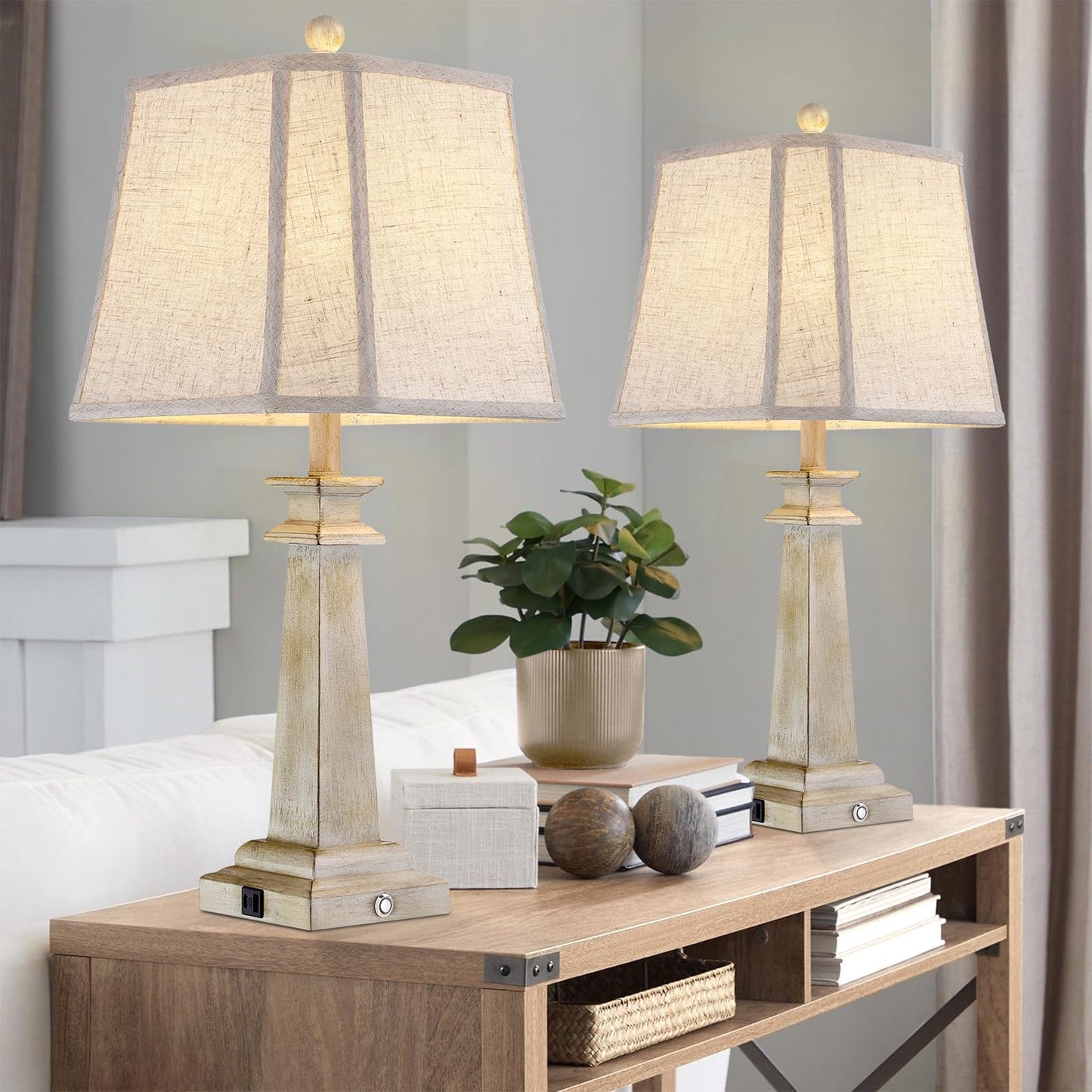 Hapcrea 27.5" Table Lamps Set of 2, 3-Way Dimmable Touch Lamps for Nightstand, Farmhouse Table Lamp for Living Room and Bedroom with USB A+C Charging Ports, Bulbs Included (Antique White)