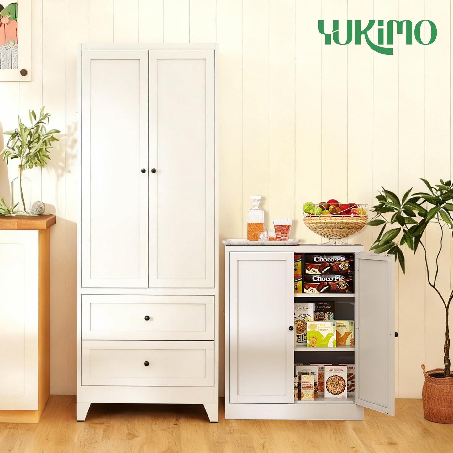 Yukimo Kitchen Pantry Cabinet, 34.5" Pantry Storage Cabinet with 2 Tier Adjustable Shelves and 2 Doors, Metal Pantry Cabinets with Handle for Living Room Kitchen Assembly Required, White