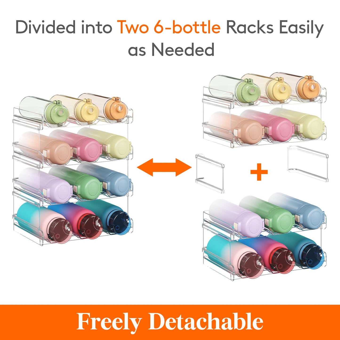 Lifewit Stackable Water Bottle Organizer for Cabinet, Plastic Bottle Holder Fits Bottles & Tumblers up to 3.8" Diameter, Pantry, Countertop & Fridge, Holds 6 Bottles