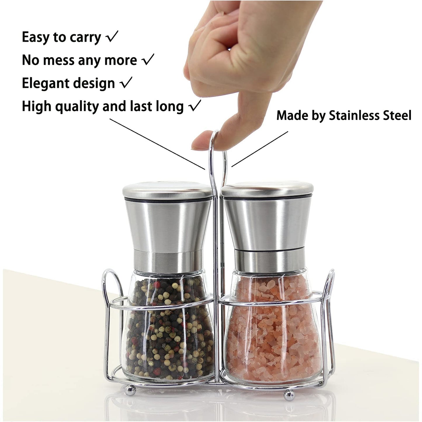 Premium Stainless Steel Salt and Pepper Grinder Set - Short Glass Shaker, Pepper Mill & Salt Mill with Adjustable Coarseness, Refillable for Himalayan or Sea Salt, Black Peppercorn, with Bonus Stand