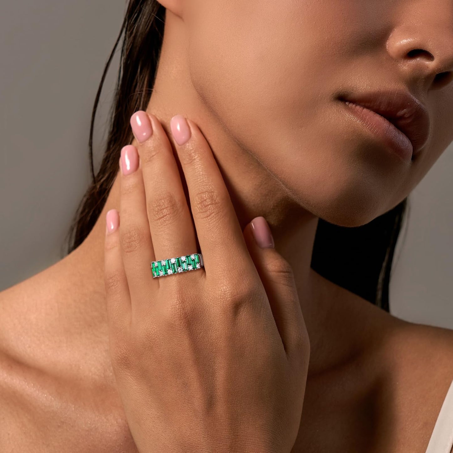 RANDES Emerald Rings for Women Engagement Eternity Band 7mm Emerald Cut Green Stone Ring for Wedding Anniversary Size 6