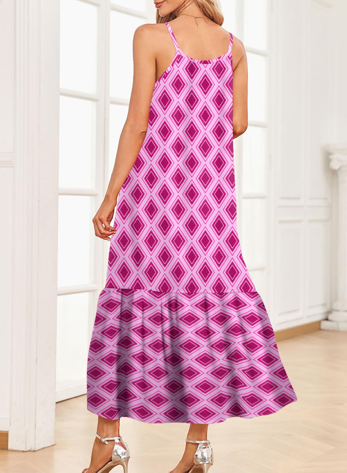 Dokotoo Women Summer Dresses 2025 Spaghetti Strap Scoop Neck Smocked Ruffle Flowy Boho Maxi Dress