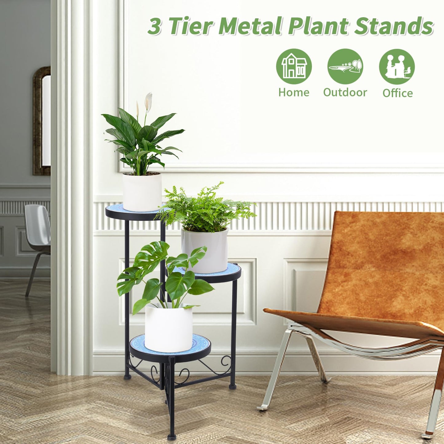 Chonsun Plant Stand Indoor 3 Tie Mosaic Metal Corner Shelf Outdoor Plant Pot Holder Folding Storage Corner Table Plant Shelves for Living Room