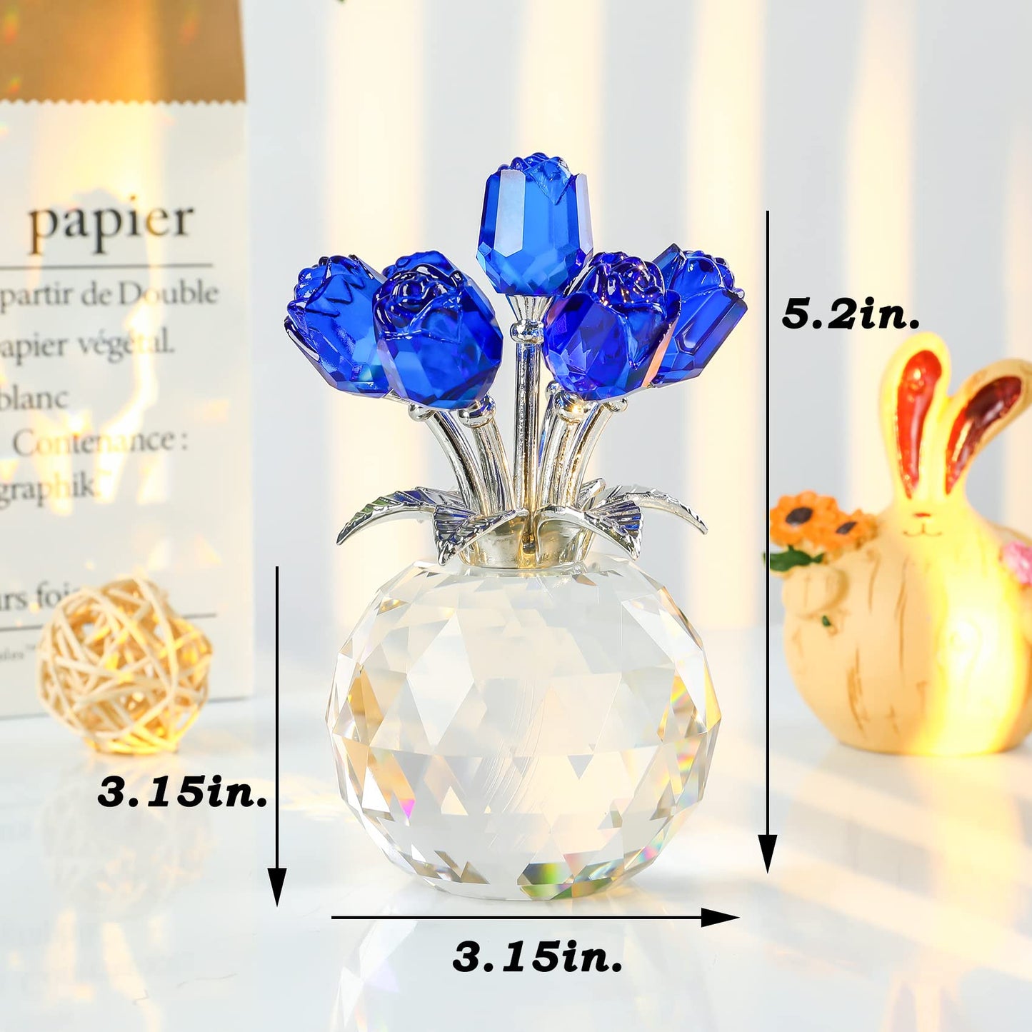 YWHL Crystal Blue Rose Flower Figurine with Round Vase, Rose Gifts for Wife Girlfriend, Romantic Gifts for Mom on Mother's Day Anniversary Birthday, Rose Collectible Figurines for Home Decoration