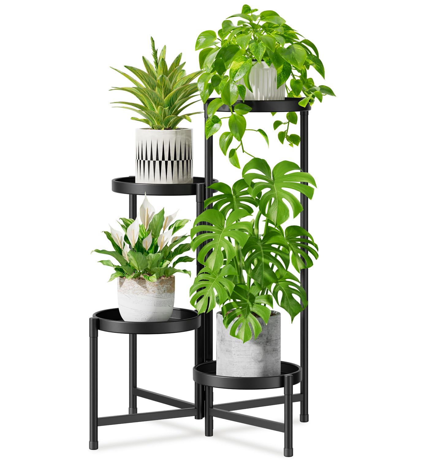 iDavosic.ly 4 Tier Large Plant Stand Indoor with 10 Inch Wide Tray, Tiered Corner Metal Outdoor Flower Display Holder Shelf, Folding Tall Rack for Patio Porch Living Room, Modern Black