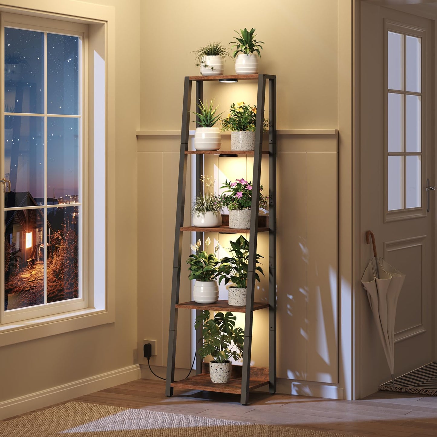 MAHANCRIS Plant Stand with Grow Light, 5 Tier Plant Shelf with Timer for Indoor Plants, Ladder Shape Flower Rack with Raised Back Edges, for Living Room, Balcony, Rustic Brown and Black PSHR05E01