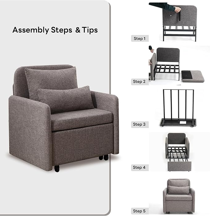 Iroomy 5-Level Adjustable Convertible Sleeper Chair, 3-in-1 Pull Out Sofa Bed